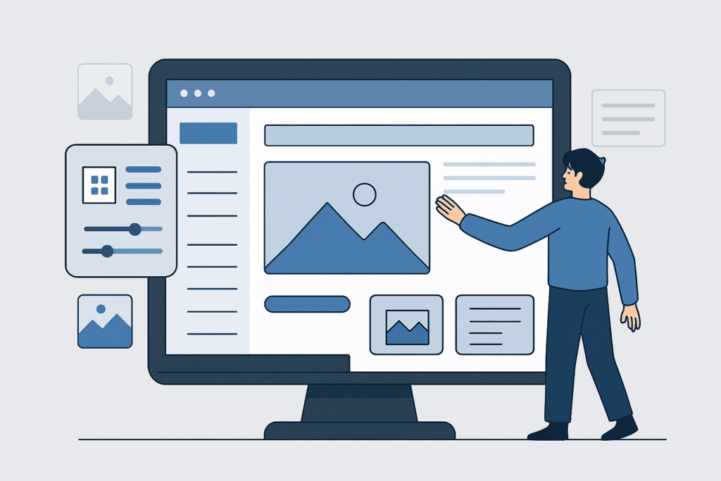 Personne personnalisant une page d’accueil sur un ordinateur à l’aide d’une interface WordPress simplifiée.