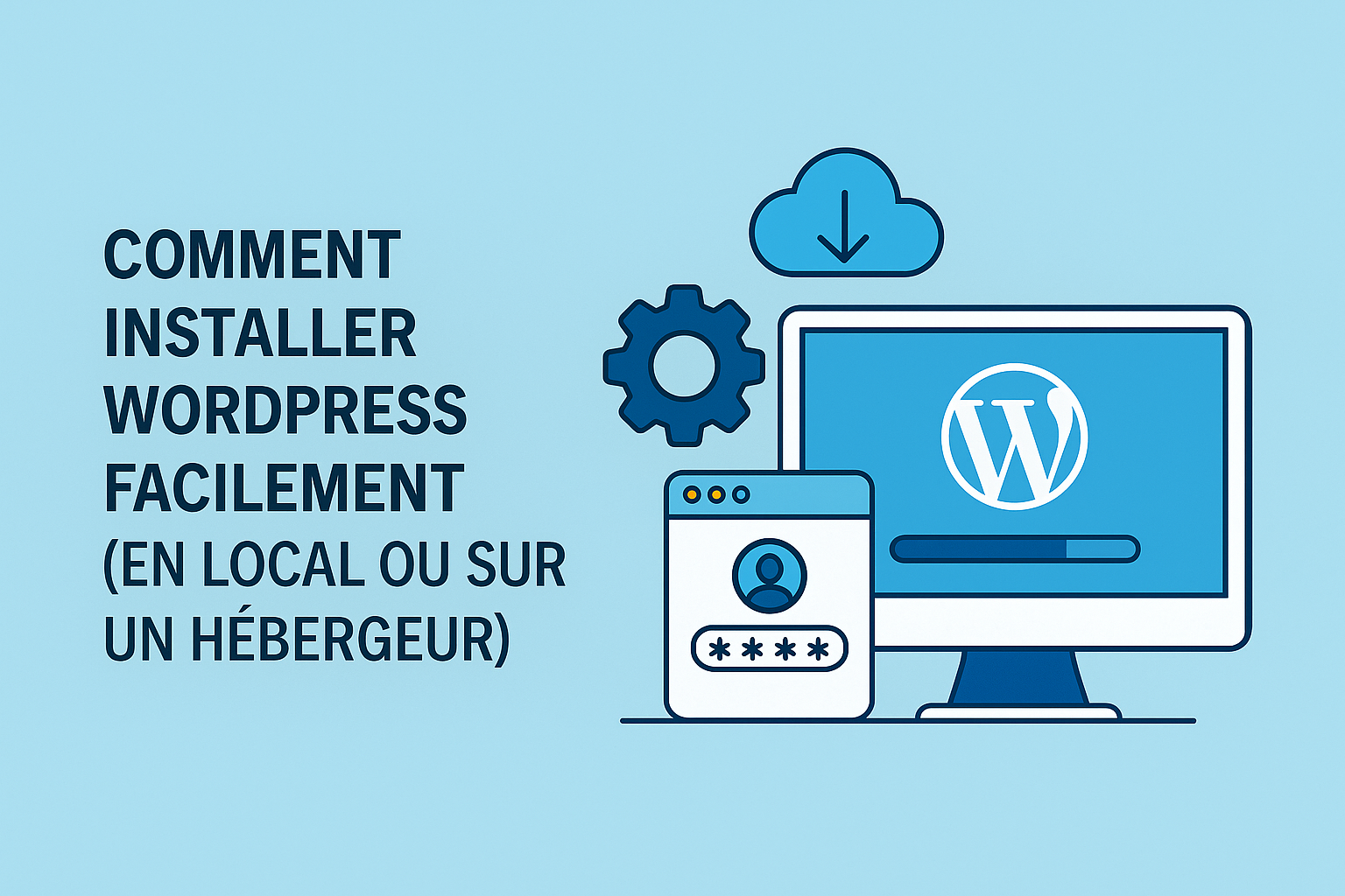 Illustration représentant l’installation de WordPress sur un ordinateur avec une barre de progression et des icônes de configuration