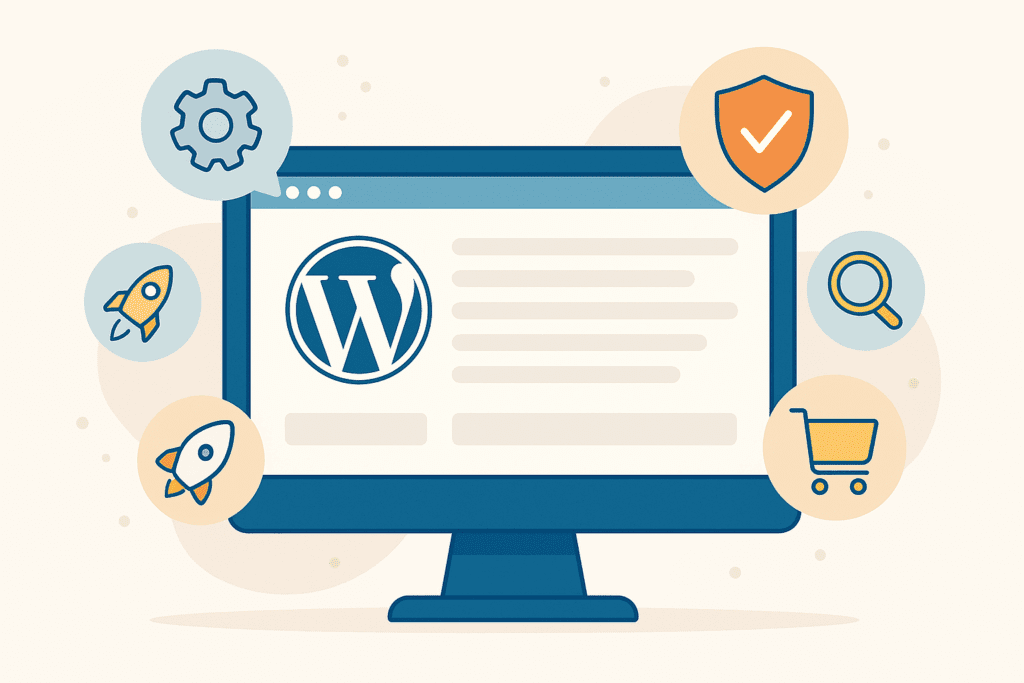 Illustration flat design d’un écran WordPress entouré d’icônes représentant différentes extensions (SEO, sécurité, performance, e-commerce).