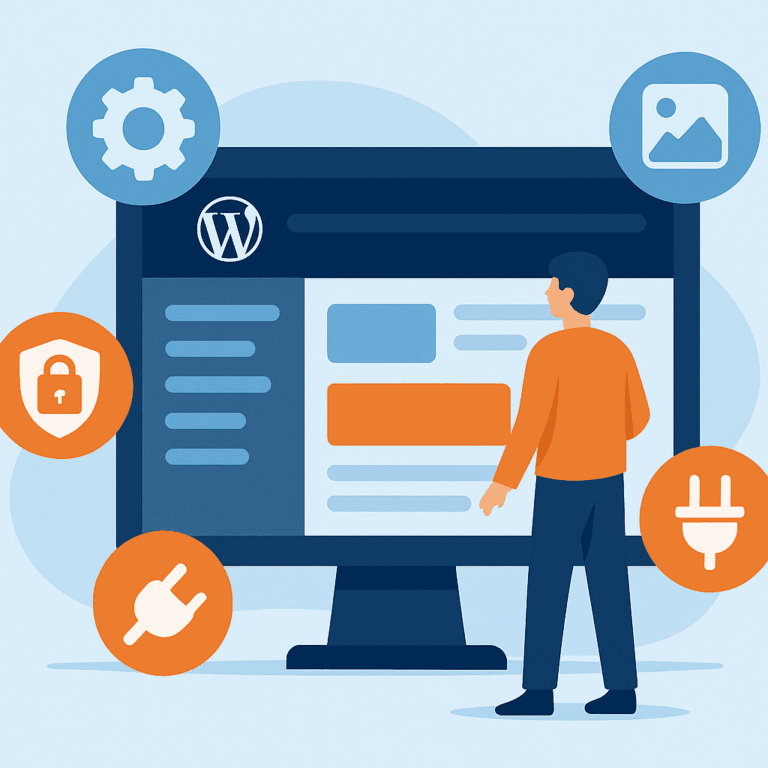 Personne debout devant un tableau de bord WordPress affiché sur un grand écran, entouré d’icônes symbolisant des extensions.
