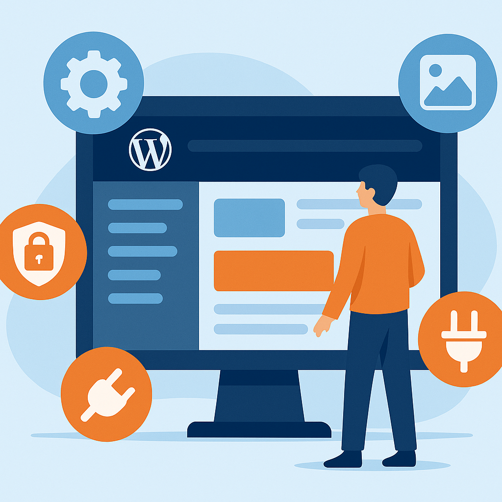 Personne debout devant un tableau de bord WordPress affiché sur un grand écran, entouré d’icônes symbolisant des extensions.