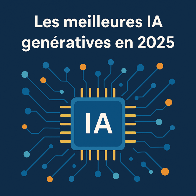 Illustration plate représentant une puce électronique avec les lettres “IA”, entourée d’un réseau de nœuds colorés, et le titre “Les meilleures IA génératives en 2025”.