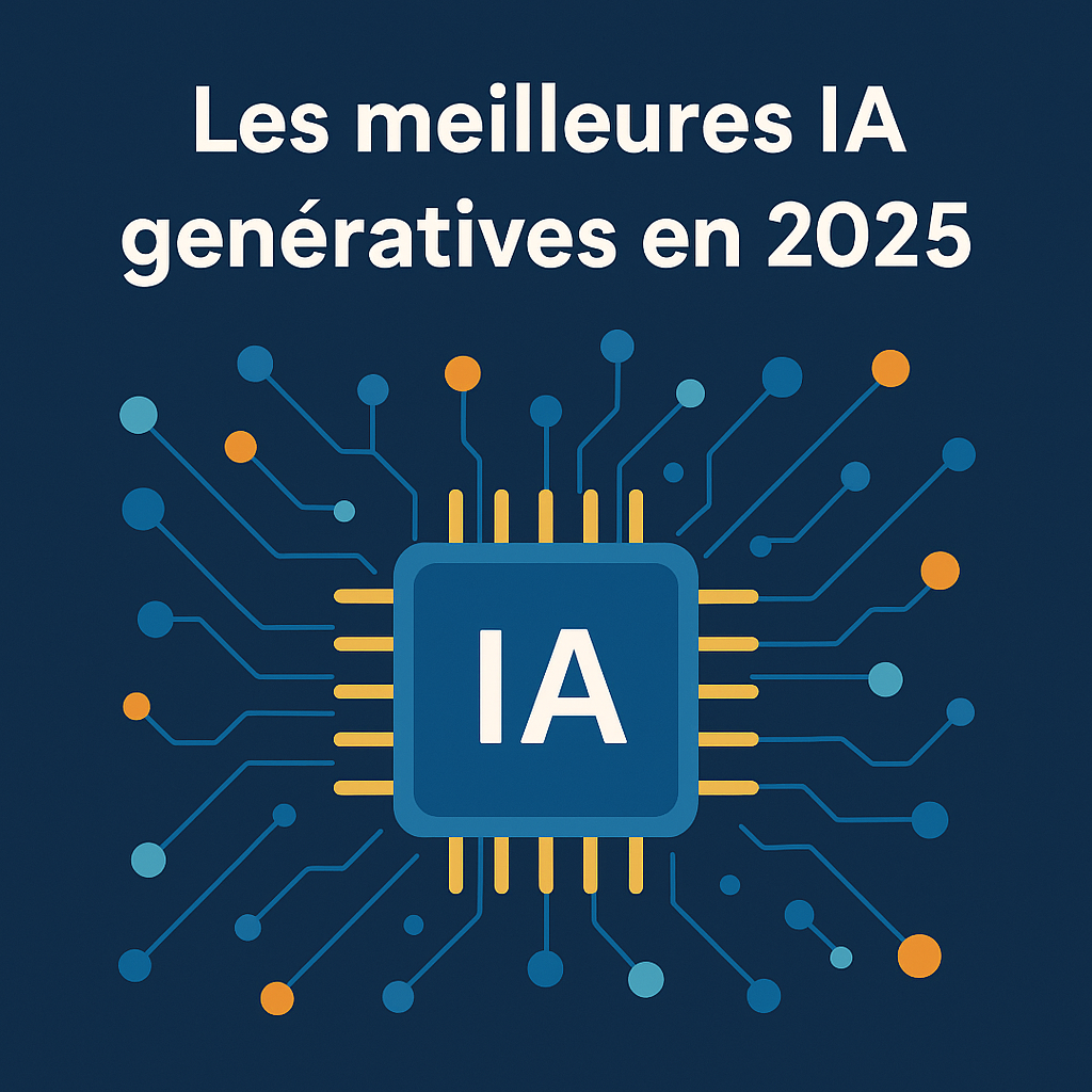 Illustration plate représentant une puce électronique avec les lettres “IA”, entourée d’un réseau de nœuds colorés, et le titre “Les meilleures IA génératives en 2025”.
