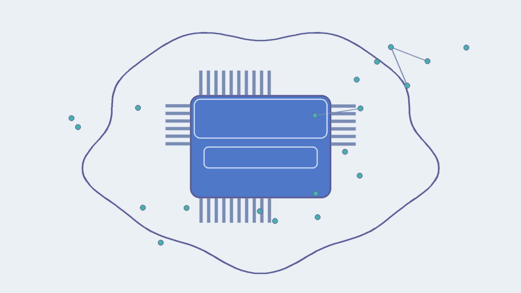 Illustration abstraite d’une puce électronique entourée d’un réseau de nœuds, symbole de l’intelligence artificielle