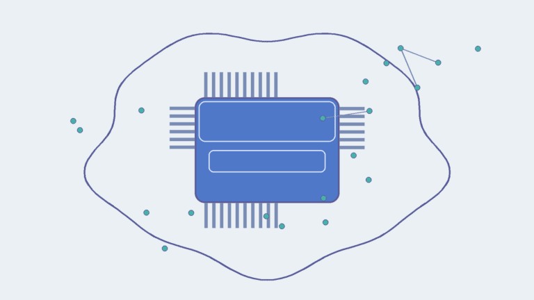 Illustration abstraite d’une puce électronique entourée d’un réseau de nœuds, symbole de l’intelligence artificielle