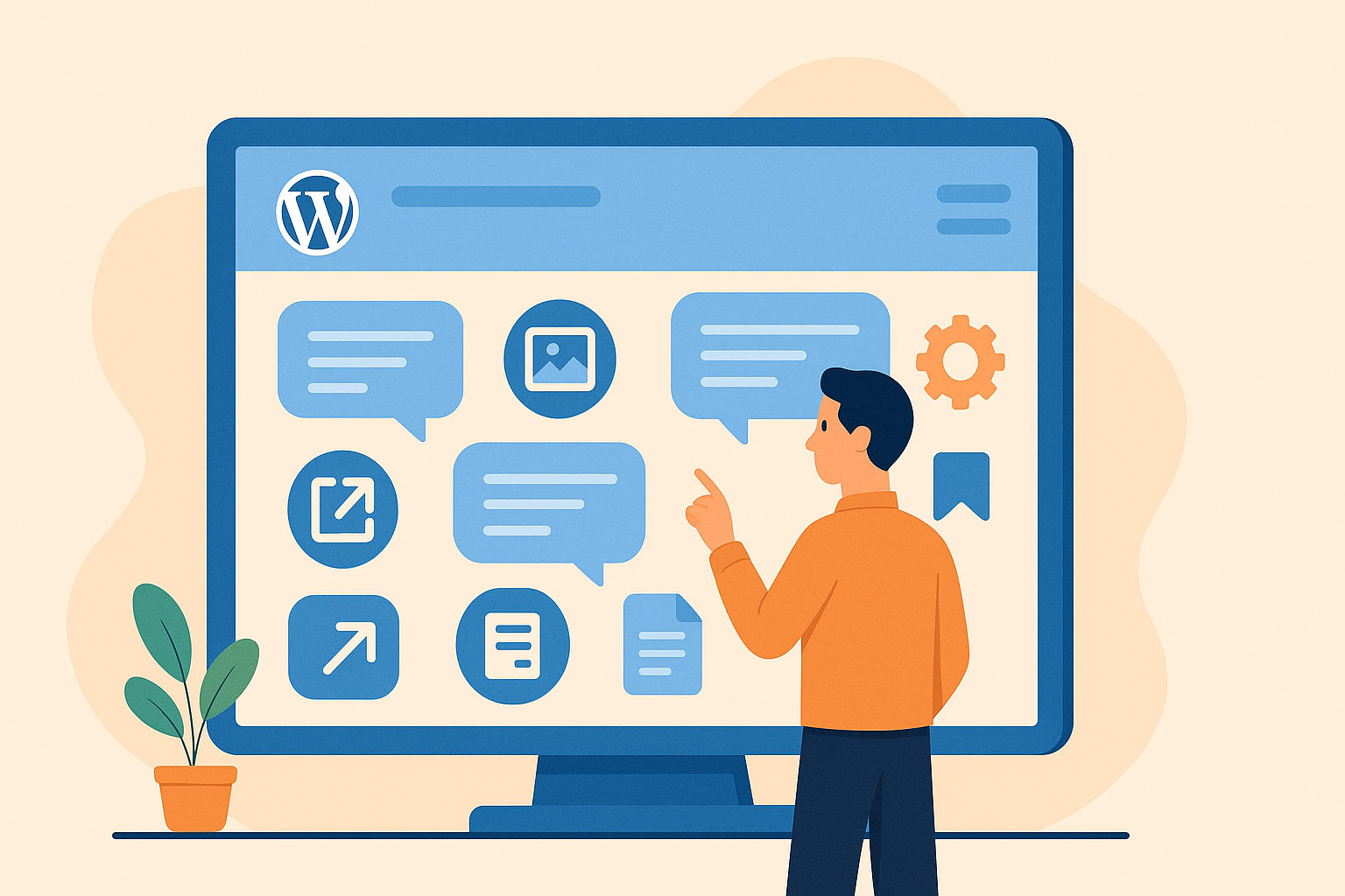 Personne consultant un grand écran WordPress avec des bulles d’information et des icônes, illustrant un lexique de notions clés.