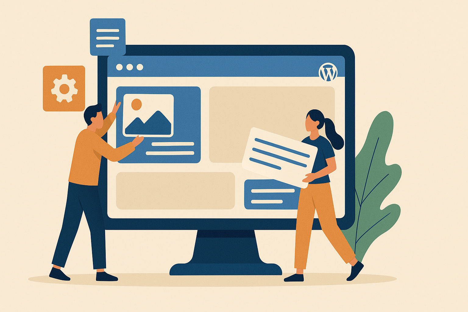 Deux personnes construisent ensemble une page WordPress sur un grand écran, en déplaçant des blocs de contenu dans une interface visuelle.