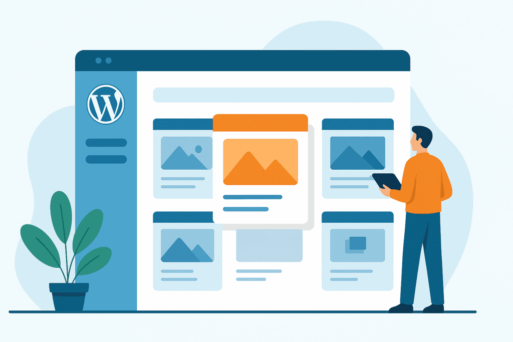 Homme debout devant un grand écran WordPress affichant plusieurs aperçus de thèmes, en train de faire un choix.
