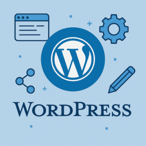Illustration du logo WordPress entouré d’icônes représentant la création de contenu, les réglages et la structure d’un site